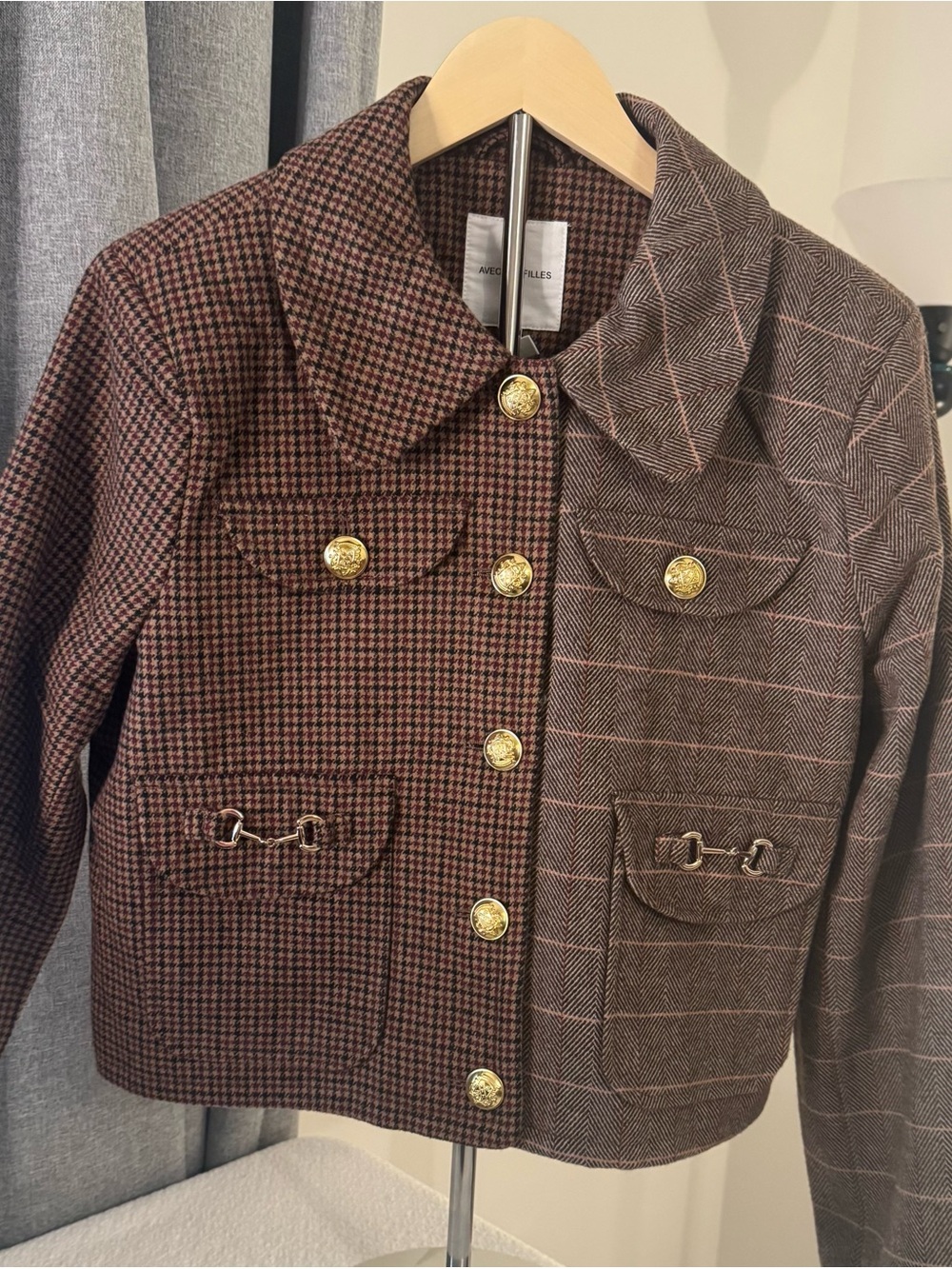 Avec Les Filles Brown Plaid Mixed-Pattern Jacket with Gold Buttons